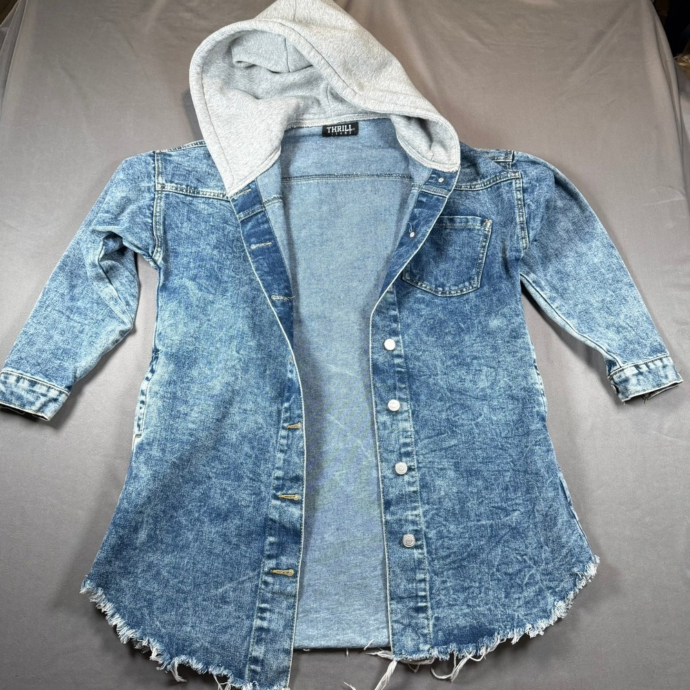 Thrill Jeans‎ Denim Jacket Womens Small Blue Acid Wash Hooded Raw Hem Casual